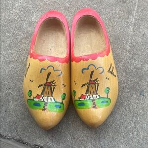 Kids Wooden Clogs with Windmill Design - Red and Tan